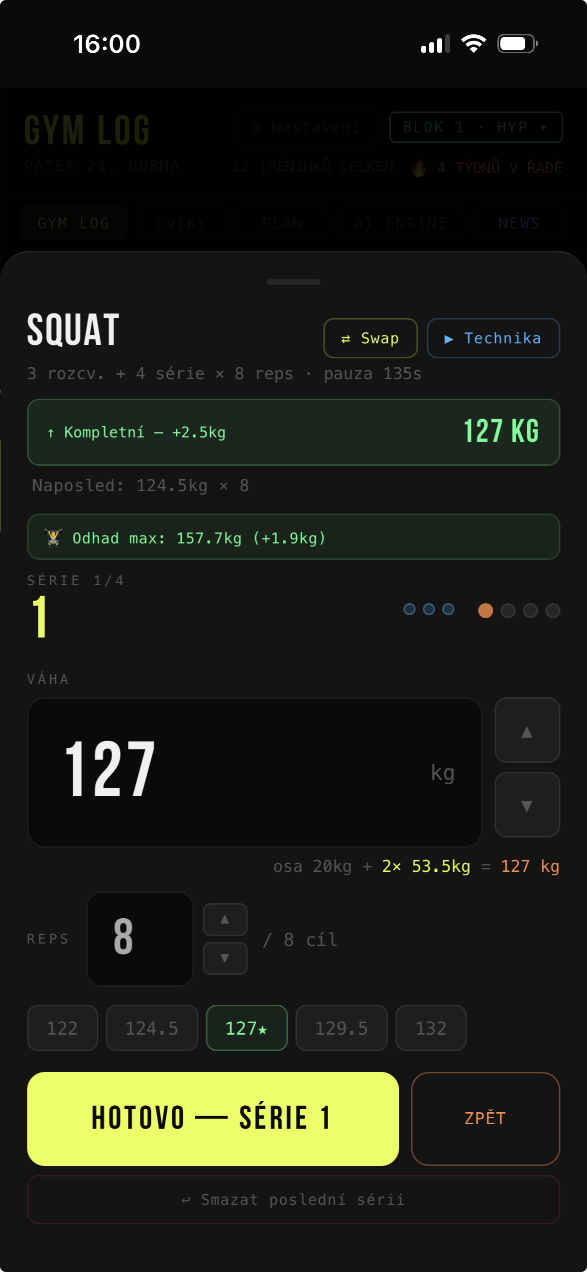 esGym logging modal for squat workout